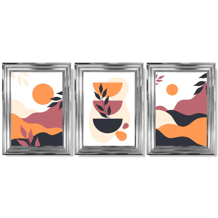 Bohemsk stil, livlig rosa-oransje, sett med 3 innrammede kunsttrykk