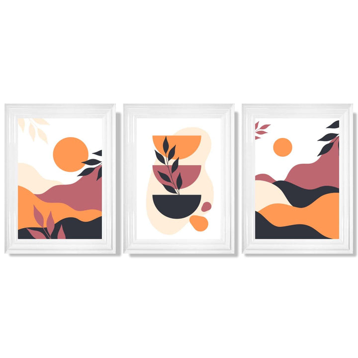 Bohemsk stil, livlig rosa-oransje, sett med 3 innrammede kunsttrykk