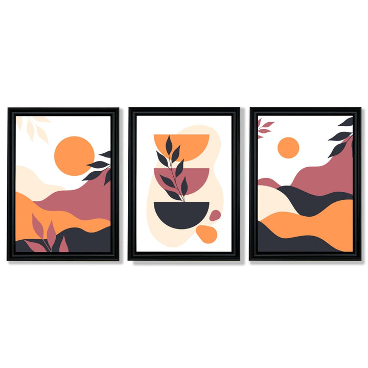 Bohemsk stil, livlig rosa-oransje, sett med 3 innrammede kunsttrykk