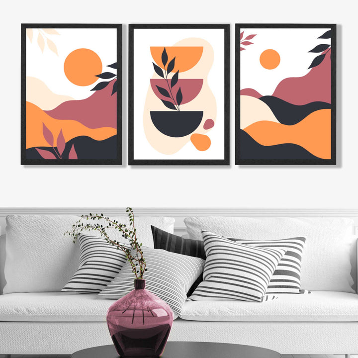 Bohemsk stil, livlig rosa og oransje, sett med 3 kunsttrykk