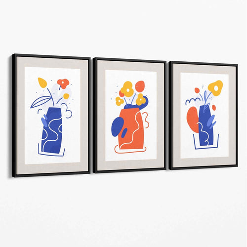 Bohemsk minimalistisk blomstermønster i blått og oransje, sett med 3 lerretsbilder