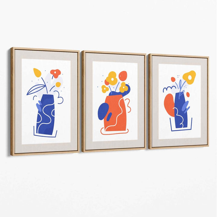 Bohemsk minimalistisk blomstermønster i blått og oransje, sett med 3 lerretsbilder