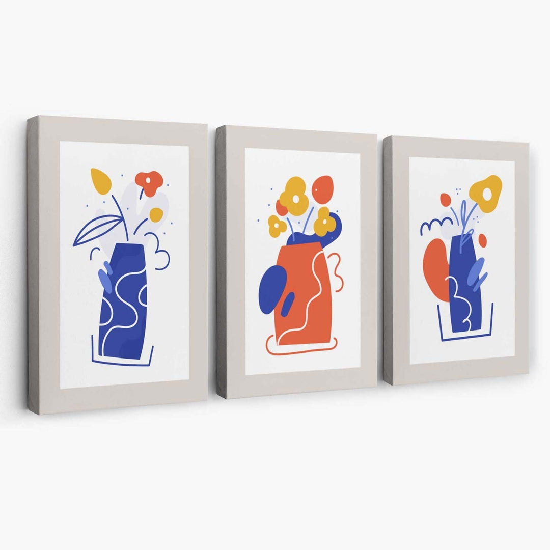 Bohemsk minimalistisk blomstermønster i blått og oransje, sett med 3 lerretsbilder