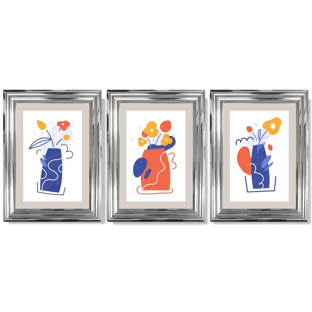 Bohemsk minimalistisk blomstertrykk i blått og oransje – sett med 3 innrammede kunsttrykk