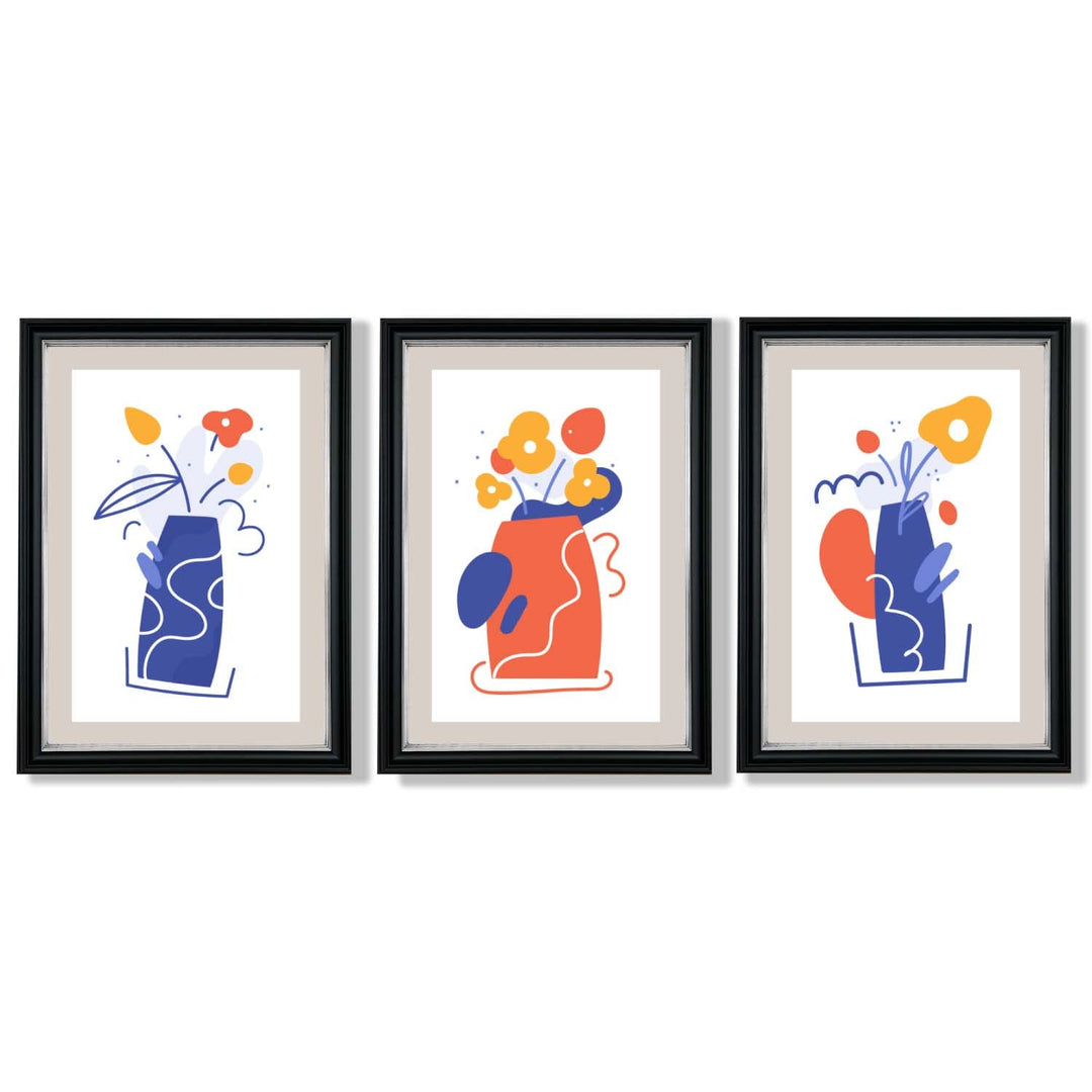 Bohemsk minimalistisk blomstertrykk i blått og oransje – sett med 3 innrammede kunsttrykk