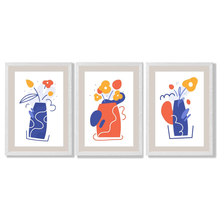 Bohemsk minimalistisk blomstertrykk i blått og oransje – sett med 3 innrammede kunsttrykk