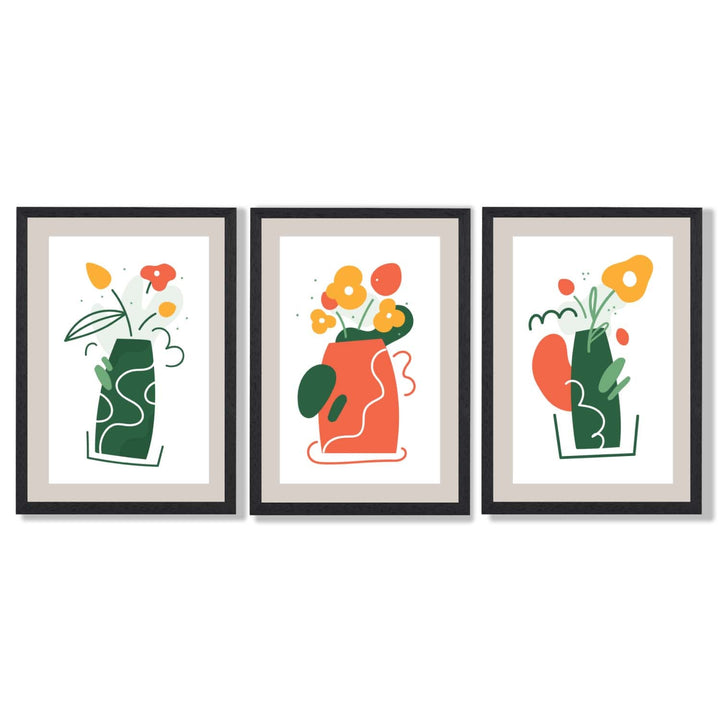 Bohemsk minimalistisk kunsttrykk med blomstermønster i grønt og oransje, sett med 3 innrammede kunsttrykk