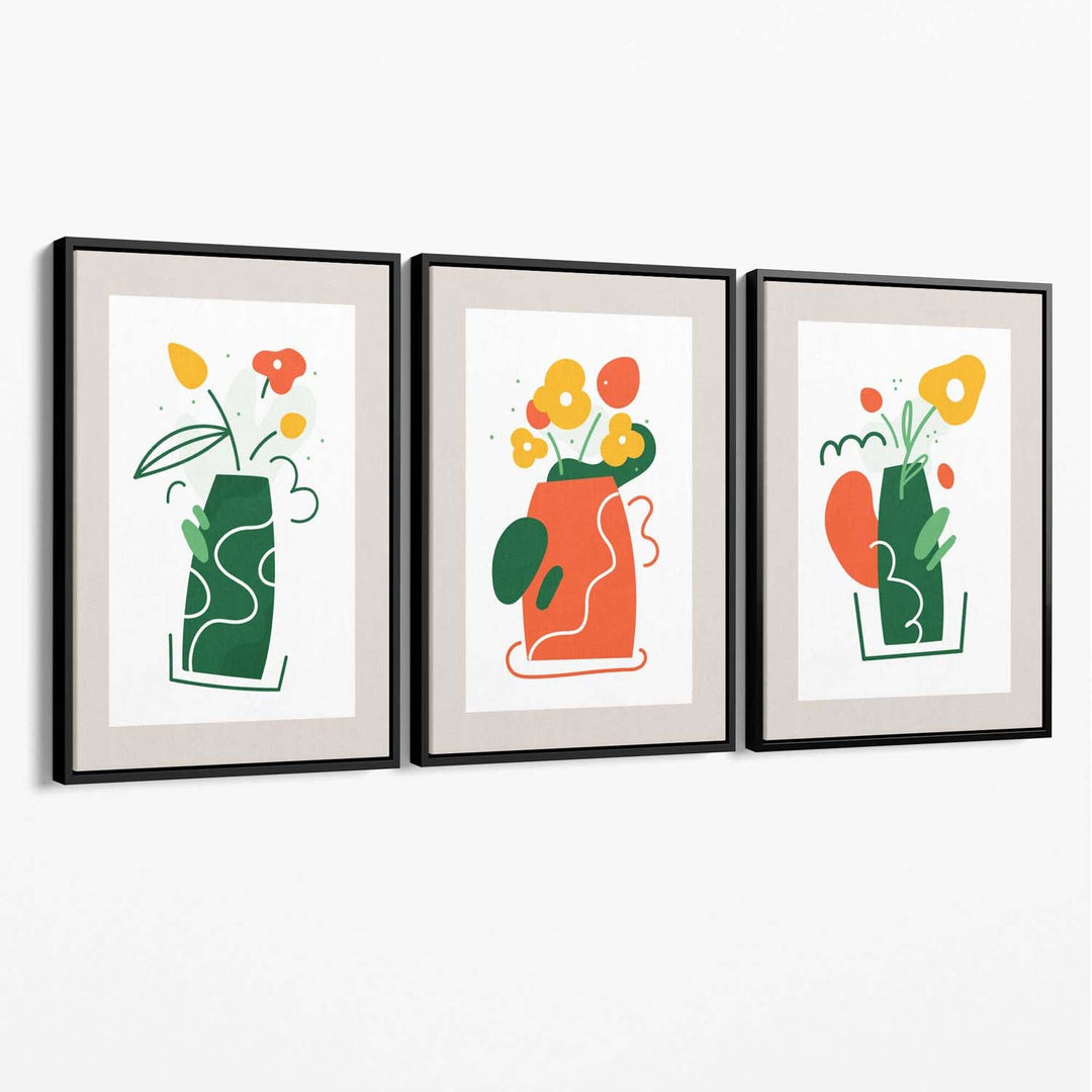Bohemsk minimalistisk blomstermønster i grønt og oransje, sett med 3 lerretsbilder