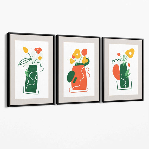 Bohemsk minimalistisk blomstermønster i grønt og oransje, sett med 3 lerretsbilder
