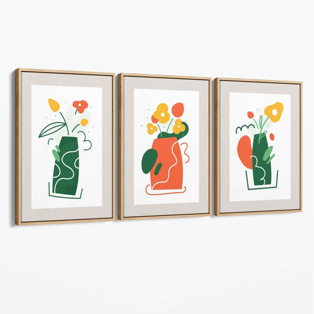 Bohemsk minimalistisk blomstermønster i grønt og oransje, sett med 3 lerretsbilder