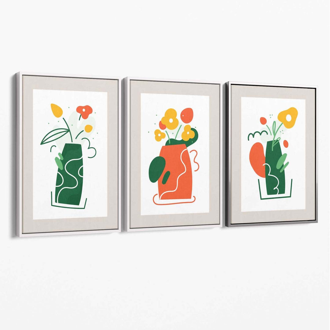 Bohemsk minimalistisk blomstermønster i grønt og oransje, sett med 3 lerretsbilder