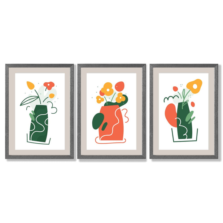 Bohemsk minimalistisk kunsttrykk med blomstermønster i grønt og oransje, sett med 3 innrammede kunsttrykk