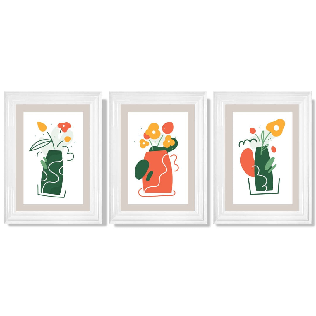 Bohemsk minimalistisk kunsttrykk med blomstermønster i grønt og oransje, sett med 3 innrammede kunsttrykk