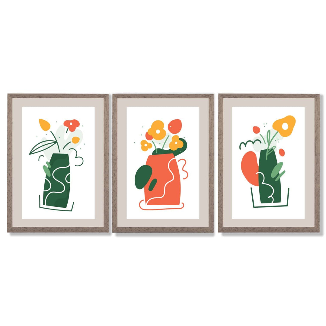 Bohemsk minimalistisk kunsttrykk med blomstermønster i grønt og oransje, sett med 3 innrammede kunsttrykk