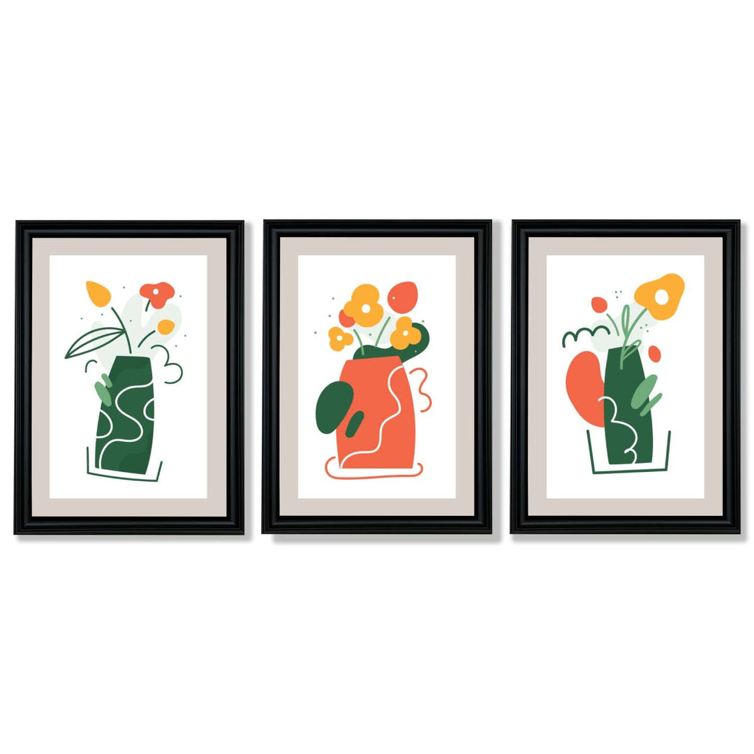 Bohemsk minimalistisk kunsttrykk med blomstermønster i grønt og oransje, sett med 3 innrammede kunsttrykk
