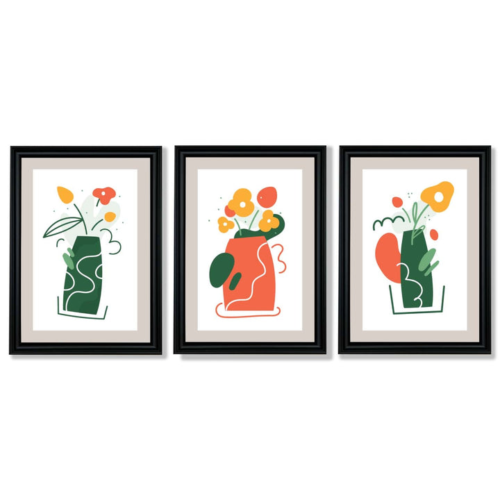 Bohemsk minimalistisk kunsttrykk med blomstermønster i grønt og oransje, sett med 3 innrammede kunsttrykk