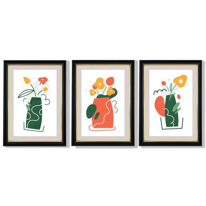 Bohemsk minimalistisk kunsttrykk med blomstermønster i grønt og oransje, sett med 3 innrammede kunsttrykk