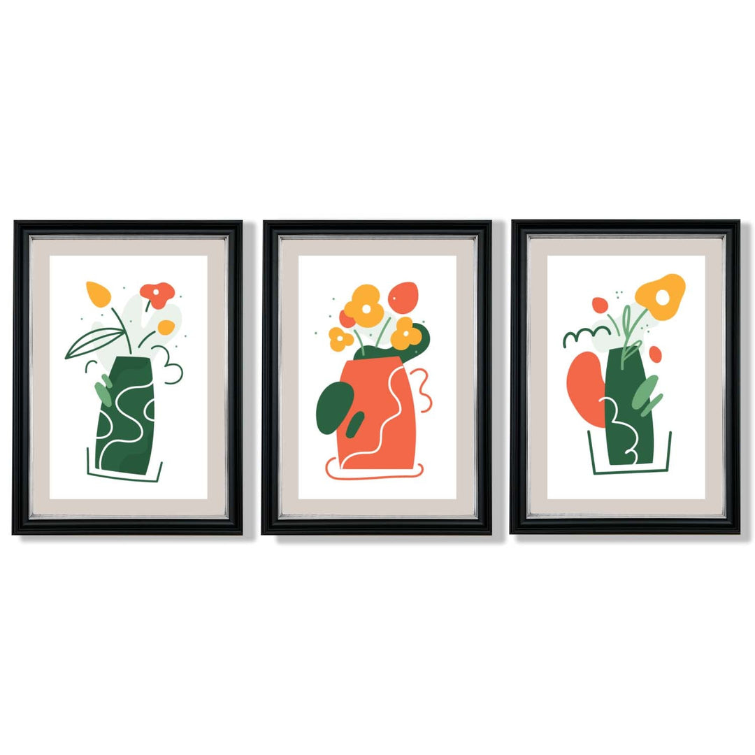 Bohemsk minimalistisk kunsttrykk med blomstermønster i grønt og oransje, sett med 3 innrammede kunsttrykk