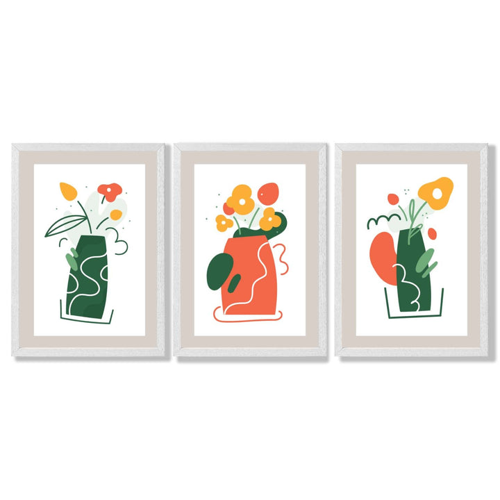 Bohemsk minimalistisk kunsttrykk med blomstermønster i grønt og oransje, sett med 3 innrammede kunsttrykk