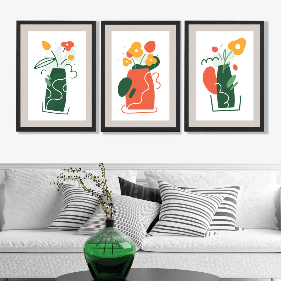 Bohemsk minimalistisk kunsttrykk med blomstermønster i grønt og oransje, sett med 3 innrammede kunsttrykk
