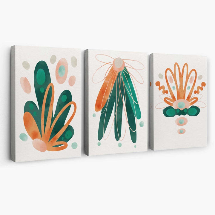 Sett med 3 abstrakte grønne og oransje blomstermotiver på lerret