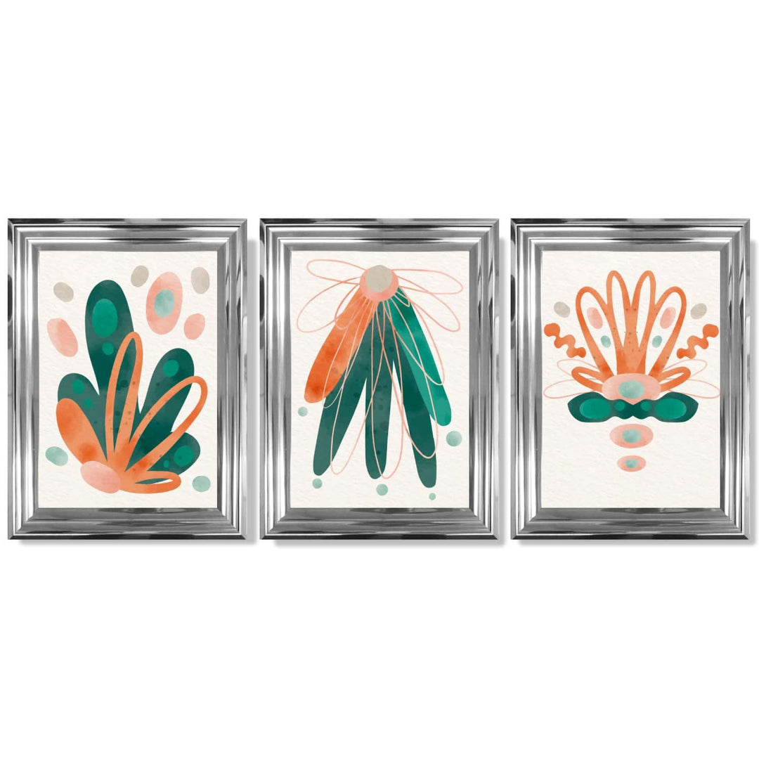 Abstrakt grønt og oransje blomstermønster, 3 innrammede kunsttrykk