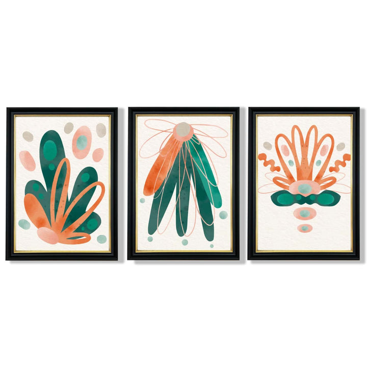 Abstrakt grønt og oransje blomstermønster, 3 innrammede kunsttrykk