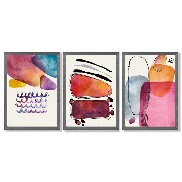 Abstrakte former, rosa og lilla, sett med 3 innrammede kunsttrykk