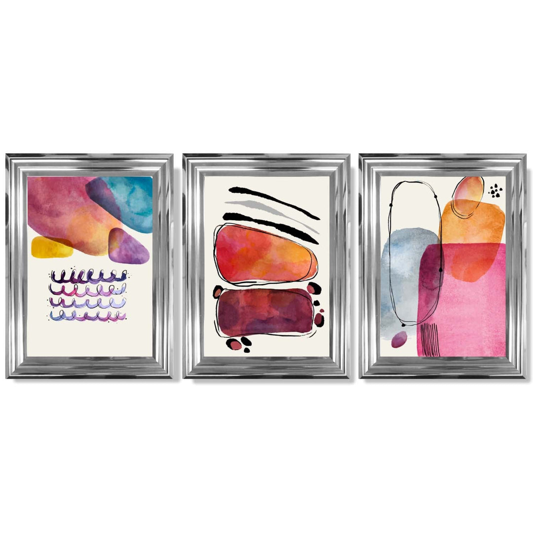 Abstrakte former, rosa og lilla, sett med 3 innrammede kunsttrykk