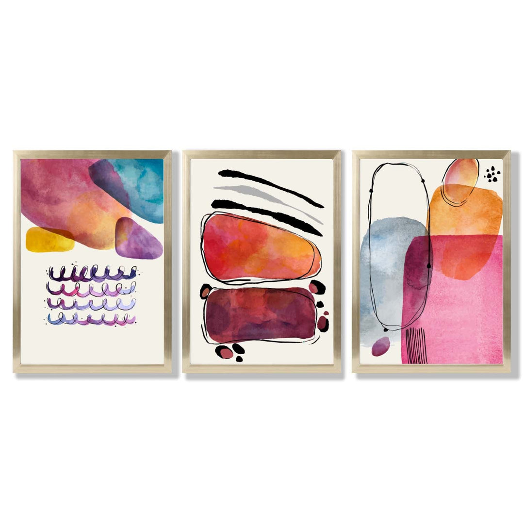 Abstrakte former, rosa og lilla, sett med 3 innrammede kunsttrykk