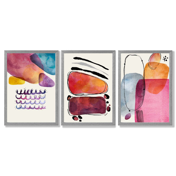 Abstrakte former, rosa og lilla, sett med 3 innrammede kunsttrykk
