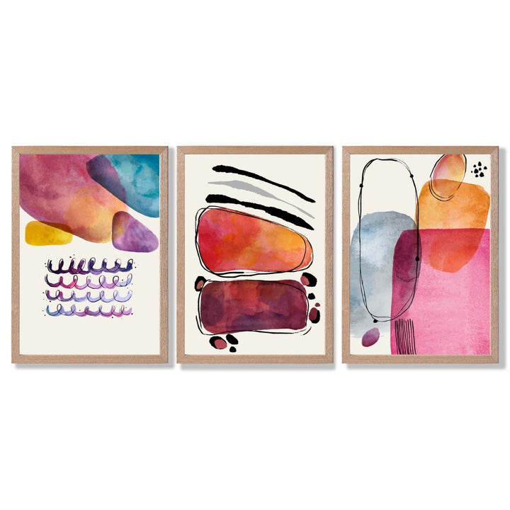 Abstrakte former, rosa og lilla, sett med 3 innrammede kunsttrykk