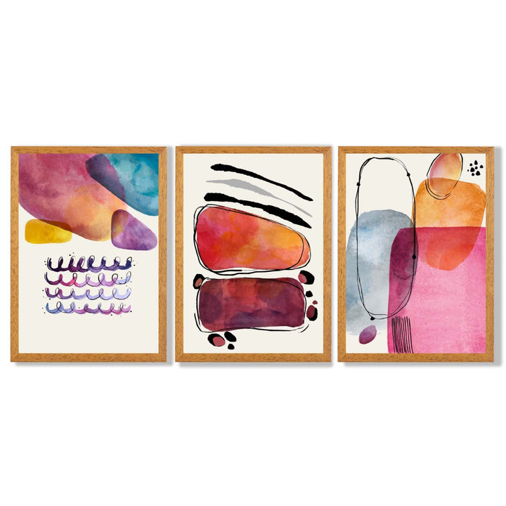 Abstrakte former, rosa og lilla, sett med 3 innrammede kunsttrykk