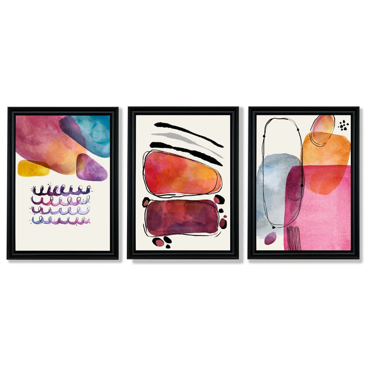 Abstrakte former, rosa og lilla, sett med 3 innrammede kunsttrykk