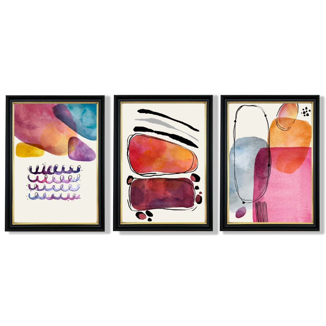 Abstrakte former, rosa og lilla, sett med 3 innrammede kunsttrykk