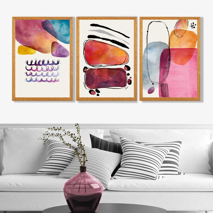 Abstrakte former, rosa og lilla, sett med 3 kunsttrykk