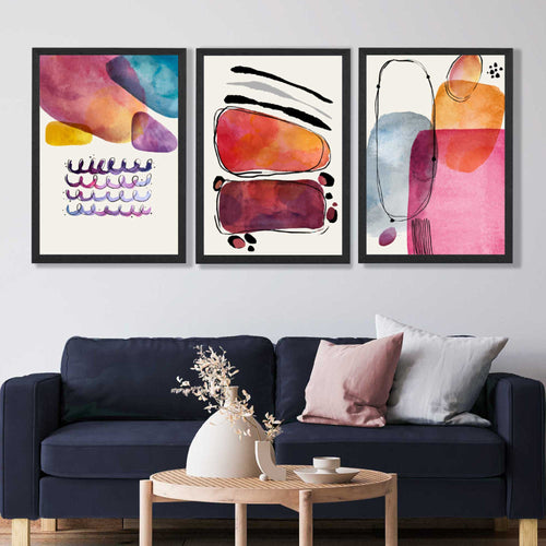 Abstrakte former, rosa og lilla, sett med 3 innrammede kunsttrykk