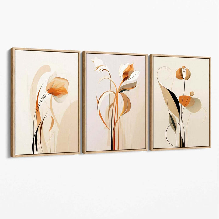 Art Deco-lerretstrykk, beige-oransje med blomstermønster, sett med 3
