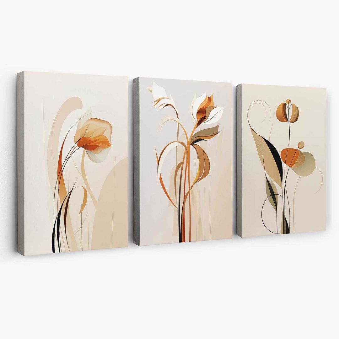 Art Deco-lerretstrykk, beige-oransje med blomstermønster, sett med 3