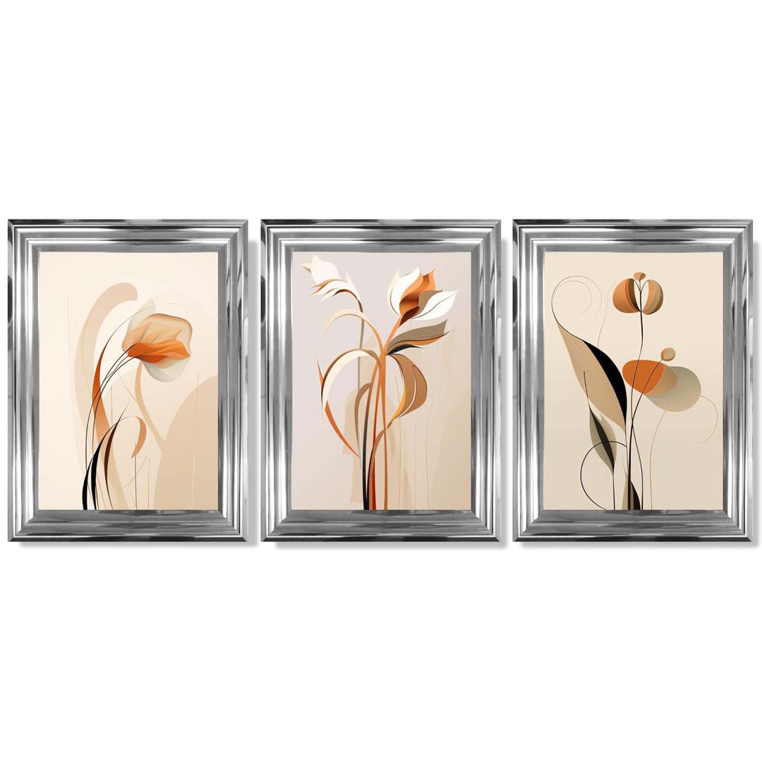 Art Deco-kunsttrykk, beige-oransje med blomstermønster, 3-delt innrammet kunsttrykksett
