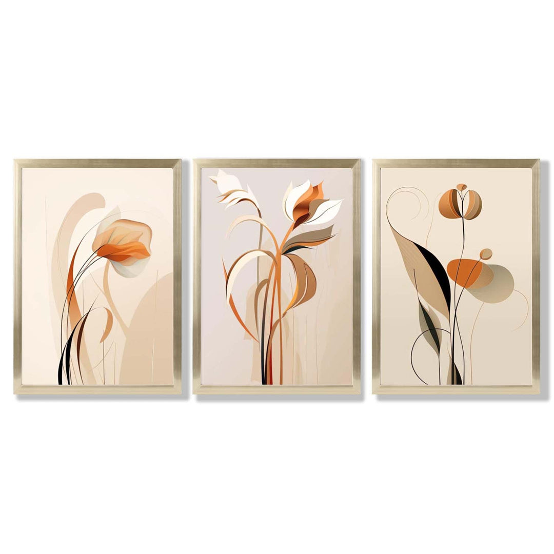 Art Deco-kunsttrykk, beige-oransje med blomstermønster, 3-delt innrammet kunsttrykksett
