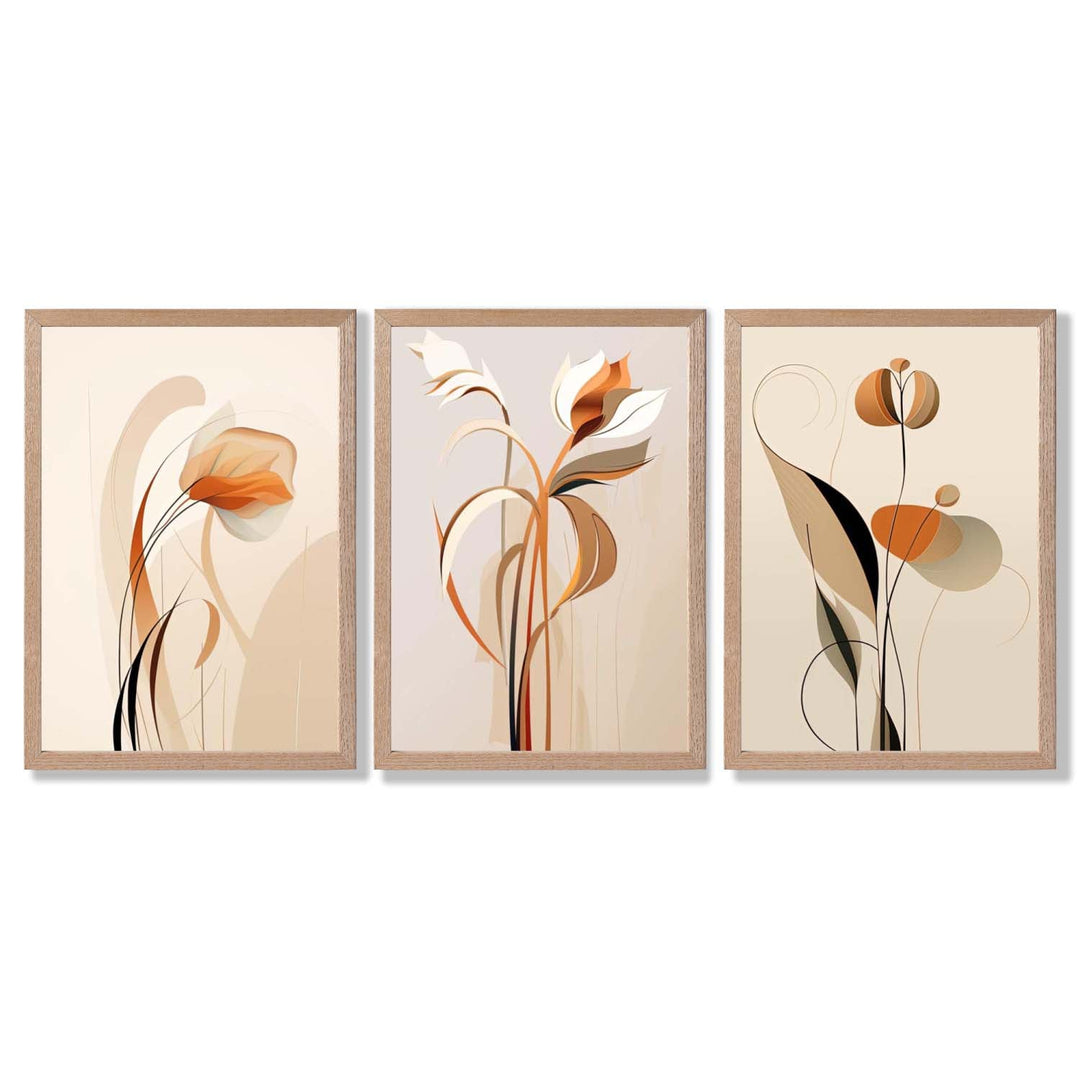 Art Deco-kunsttrykk, beige-oransje med blomstermønster, 3-delt innrammet kunsttrykksett