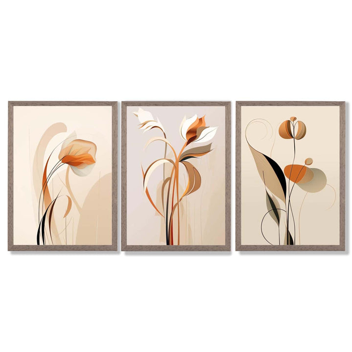 Art Deco-kunsttrykk, beige-oransje med blomstermønster, 3-delt innrammet kunsttrykksett
