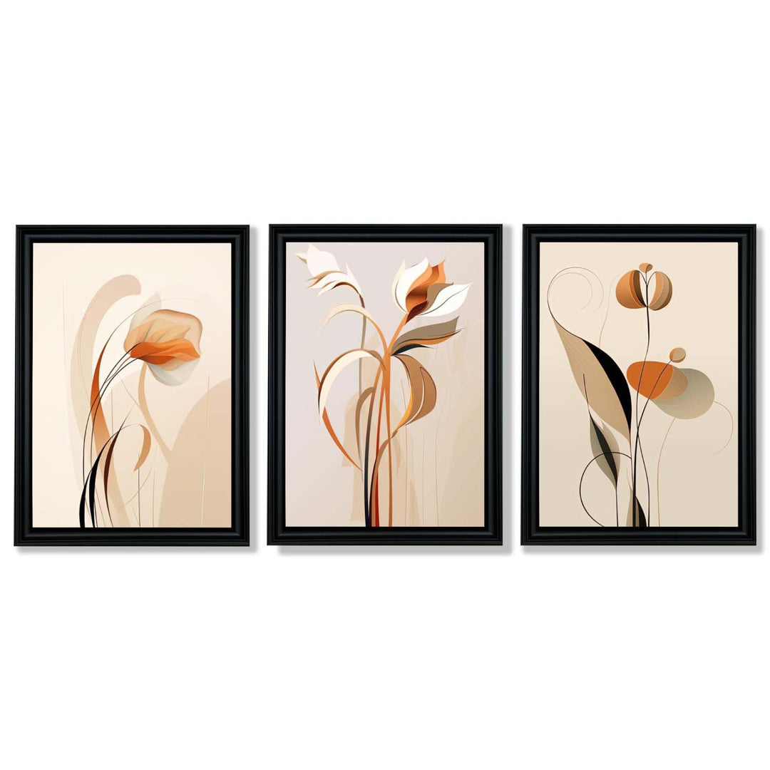 Art Deco-kunsttrykk, beige-oransje med blomstermønster, 3-delt innrammet kunsttrykksett