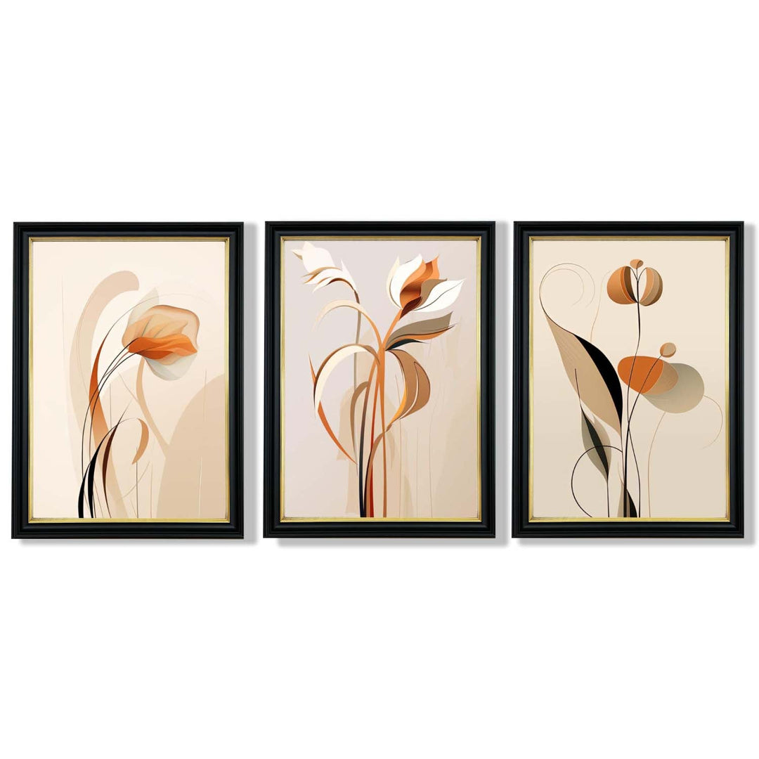 Art Deco-kunsttrykk, beige-oransje med blomstermønster, 3-delt innrammet kunsttrykksett
