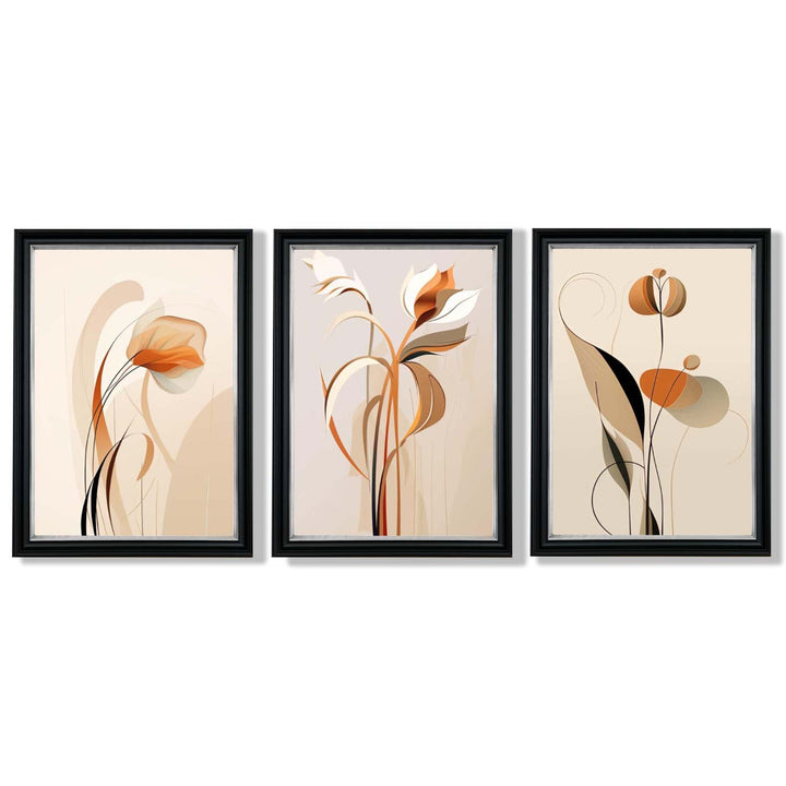Art Deco-kunsttrykk, beige-oransje med blomstermønster, 3-delt innrammet kunsttrykksett