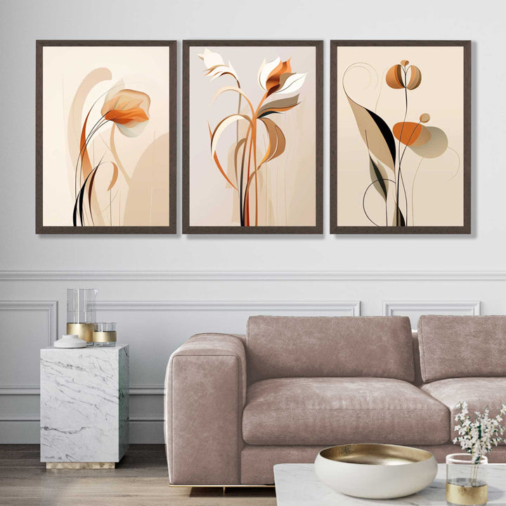 Art Deco-kunsttrykk, beige-oransje med blomstermønster, sett med 3