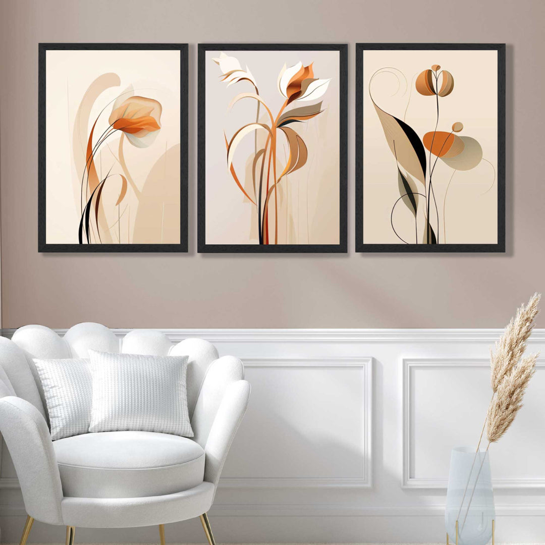 Art Deco-kunsttrykk, beige-oransje med blomstermønster, 3-delt innrammet kunsttrykksett