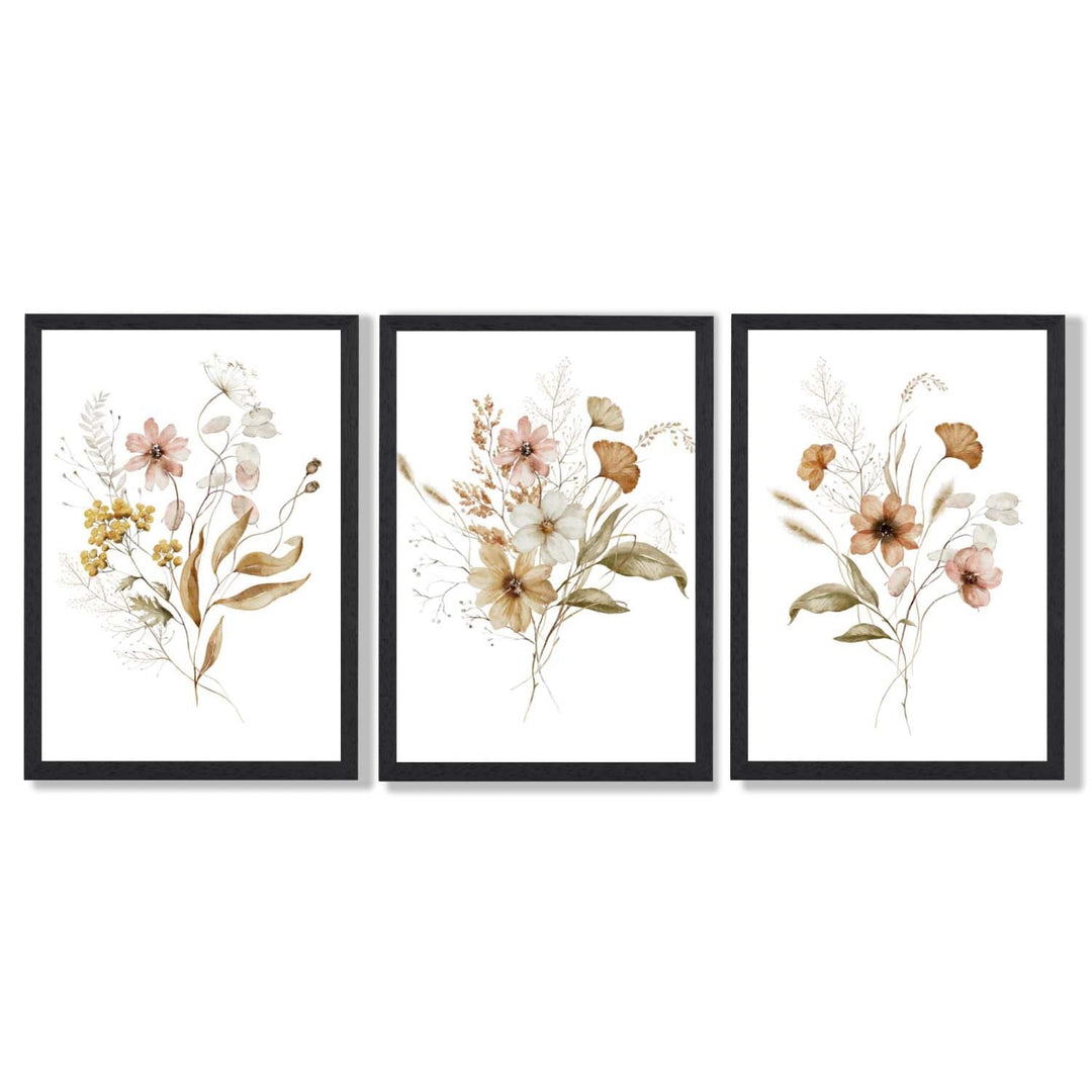 Høstlige villblomsterbuketter – 3 innrammede kunsttrykk