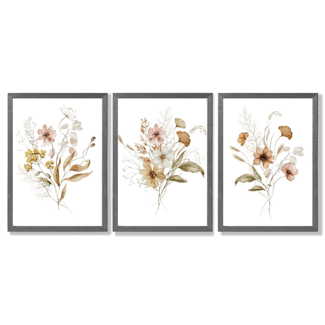 Høstlige villblomsterbuketter – 3 innrammede kunsttrykk